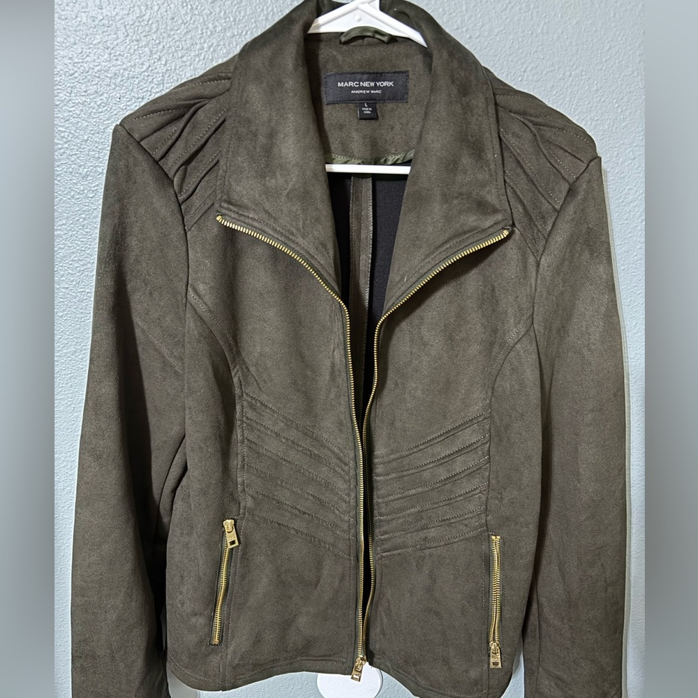 Andrew Marc Olive Leather Jacket with Gold Zippers